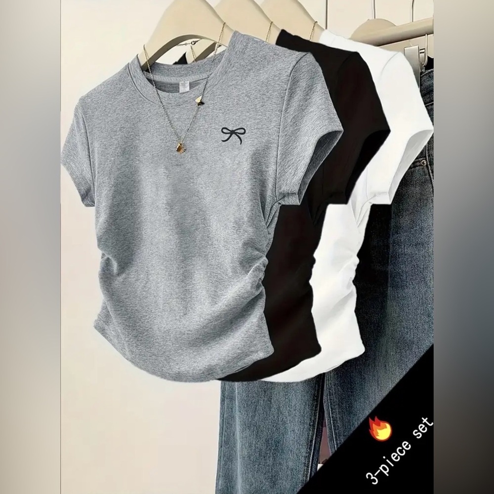 Everyday Bow Accent Tee - Gray, Black & White 3 piece set ! Brand new in package